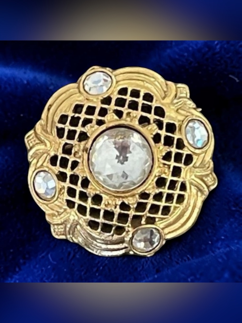 1928 Collection Gold Tone Dome Filigree Open Work Brooch With Clear Rhinestones